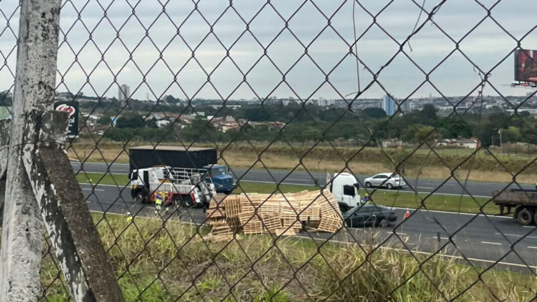 CAMINHÃO DE PALLETS TOMBA NA BANDEIRANTES HORTOLÂNDIA SITE - FOTOS (2)